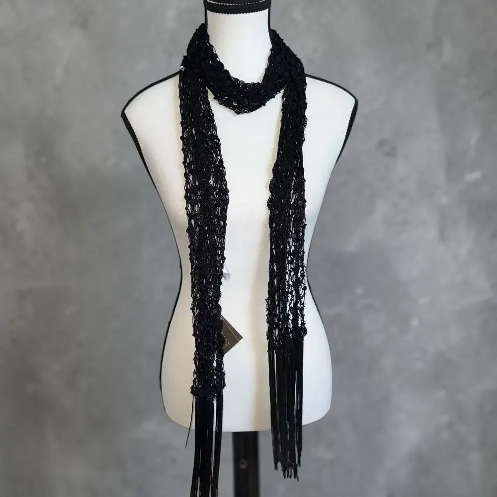 American Glamour Badgley Mischka Black Sequin Crochet Fringe Scarf Style #BM9166